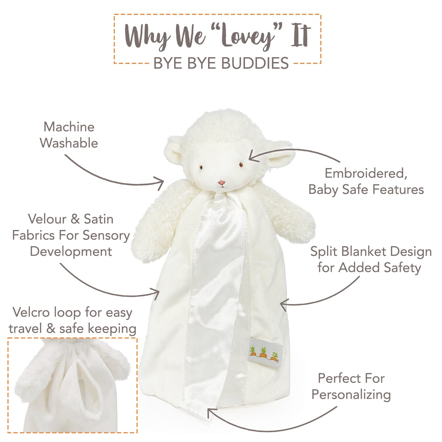 Plush Lamb Travel Lovey – Kiddo, 11 in, Baby Security Blanket