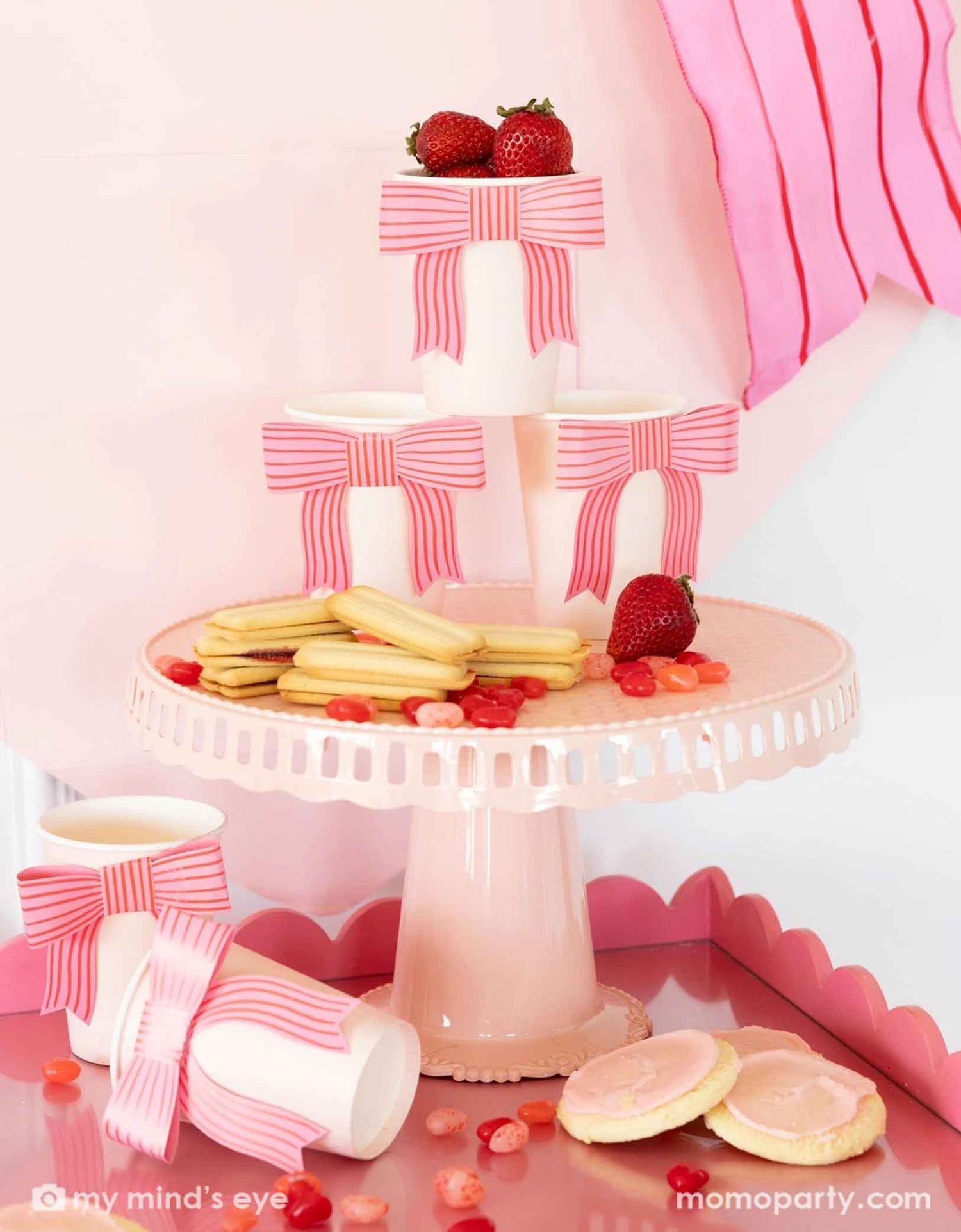 Valentine Bow Paper Cups – 12 oz Party Set of 8 with Paper Bows - Waydiy