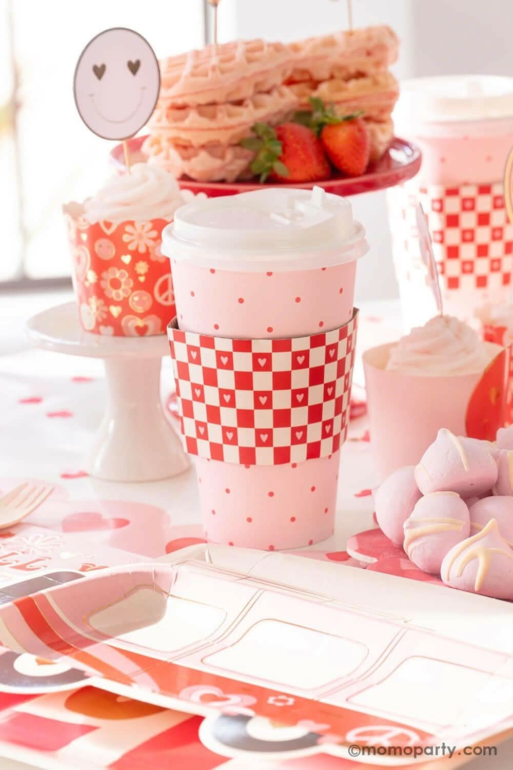 My Store Red Check Coffee Cup Set – 16 oz (Pack of 8 with Lids & Sleeves)