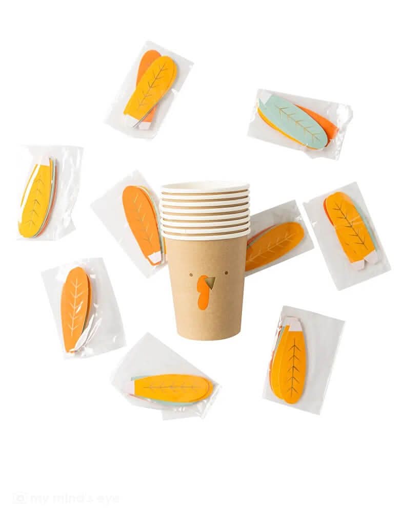 Thanksgiving Harvest Turkey Cups – 8 oz Paper Set of 8 with Feathers - Waydiy