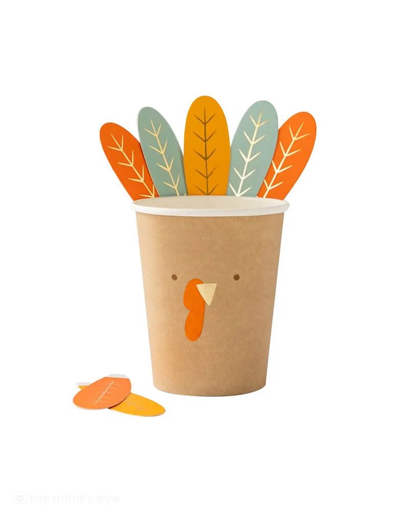 Thanksgiving Harvest Turkey Cups – 8 oz Paper Set of 8 with Feathers - Waydiy