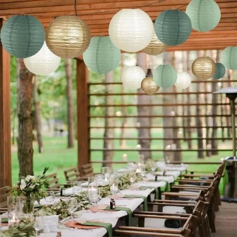 15Pcs Sage Green Paper Lantern Set – Round Hanging Party Decorations - Waydiy
