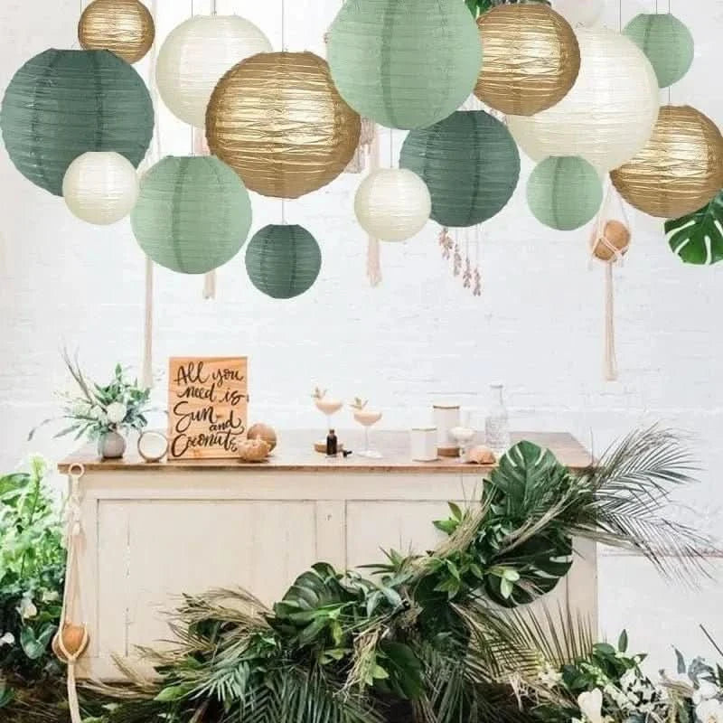 15Pcs Sage Green Paper Lantern Set – Round Hanging Party Decorations - Waydiy