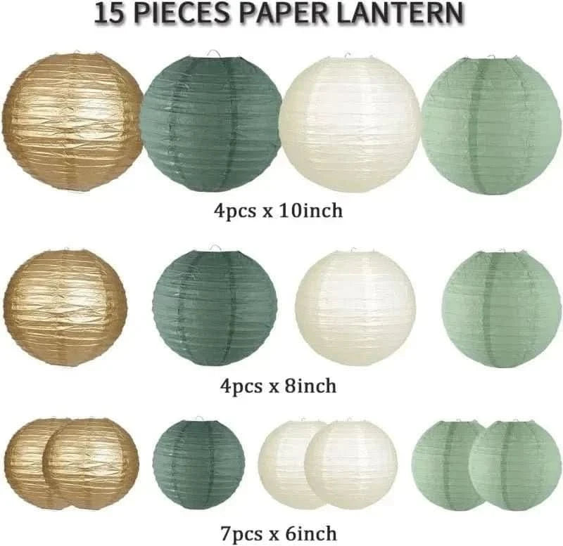 15Pcs Sage Green Paper Lantern Set – Round Hanging Party Decorations - Waydiy