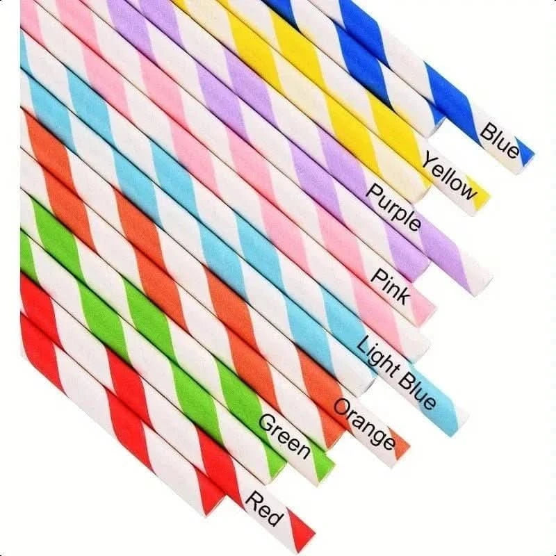 200Pcs Biodegradable Paper Straws – 8 Colors, Stripe Design, 7.75 in - Waydiy