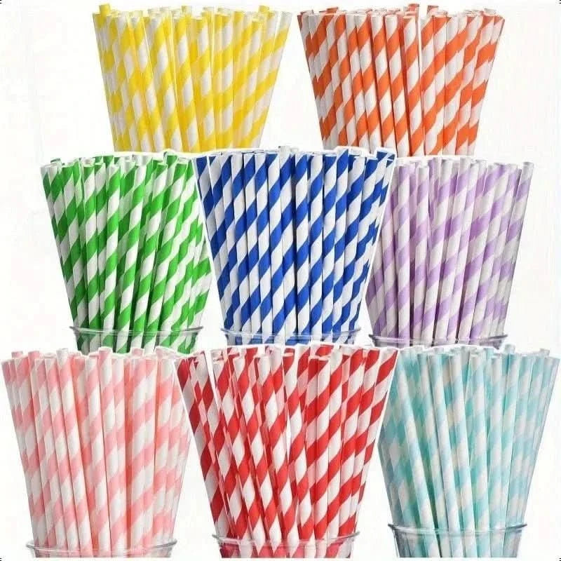 200Pcs Biodegradable Paper Straws – 8 Colors, Stripe Design, 7.75 in - Waydiy