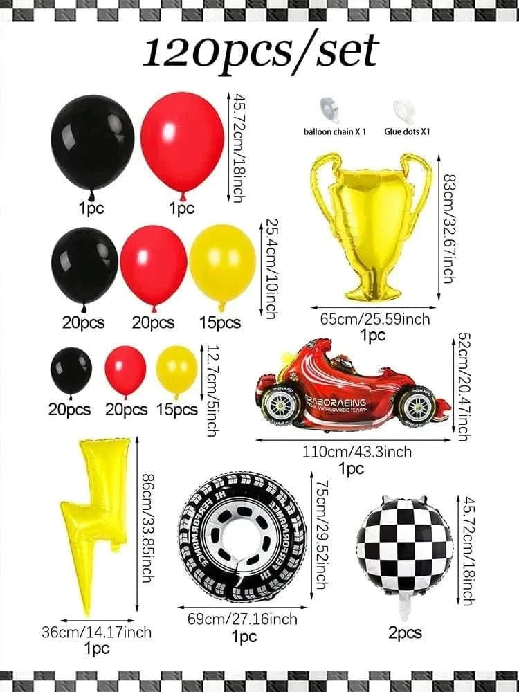 120Pcs Racing Theme Balloon Set – Lightning, Champion & Tire Party Decorations - Waydiy