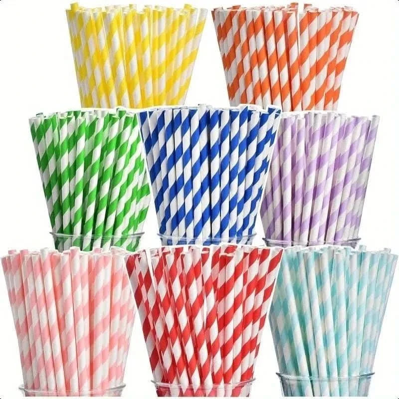 200Pcs Biodegradable Paper Straws – 8 Colors, Stripe Design, 7.75 in - Waydiy