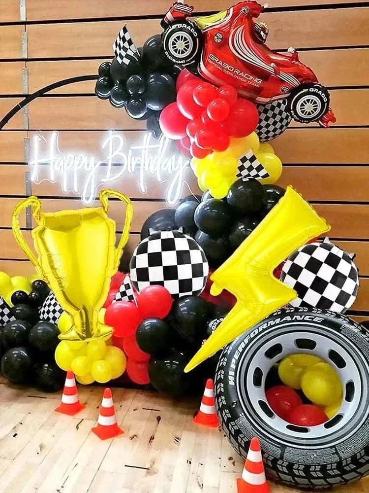 120Pcs Racing Theme Balloon Set – Lightning, Champion & Tire Party Decorations - Waydiy