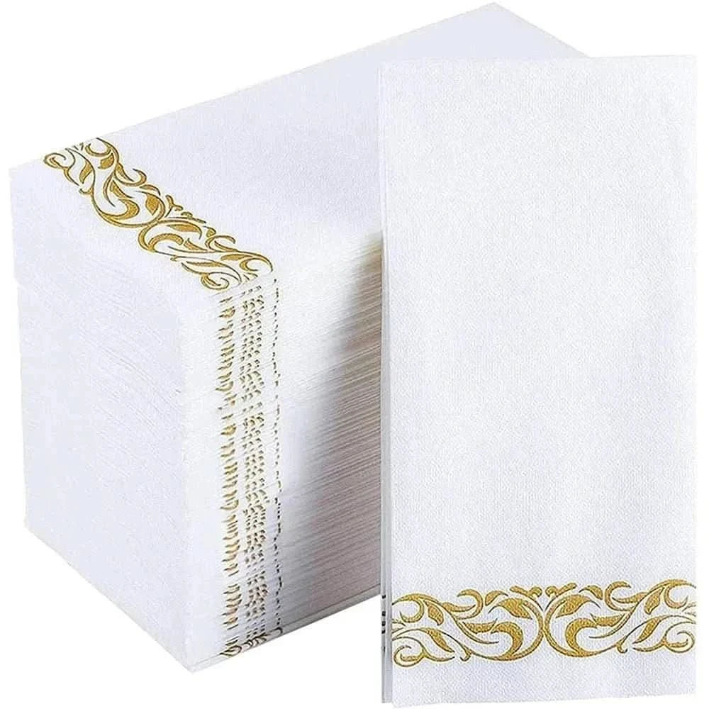 50Pcs Disposable Paper Napkins – White with Gold Foil Party Decorations - Waydiy