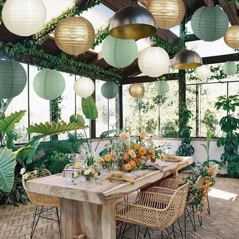15Pcs Sage Green Paper Lantern Set – Round Hanging Party Decorations - Waydiy