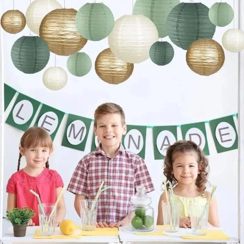 15Pcs Sage Green Paper Lantern Set – Round Hanging Party Decorations - Waydiy