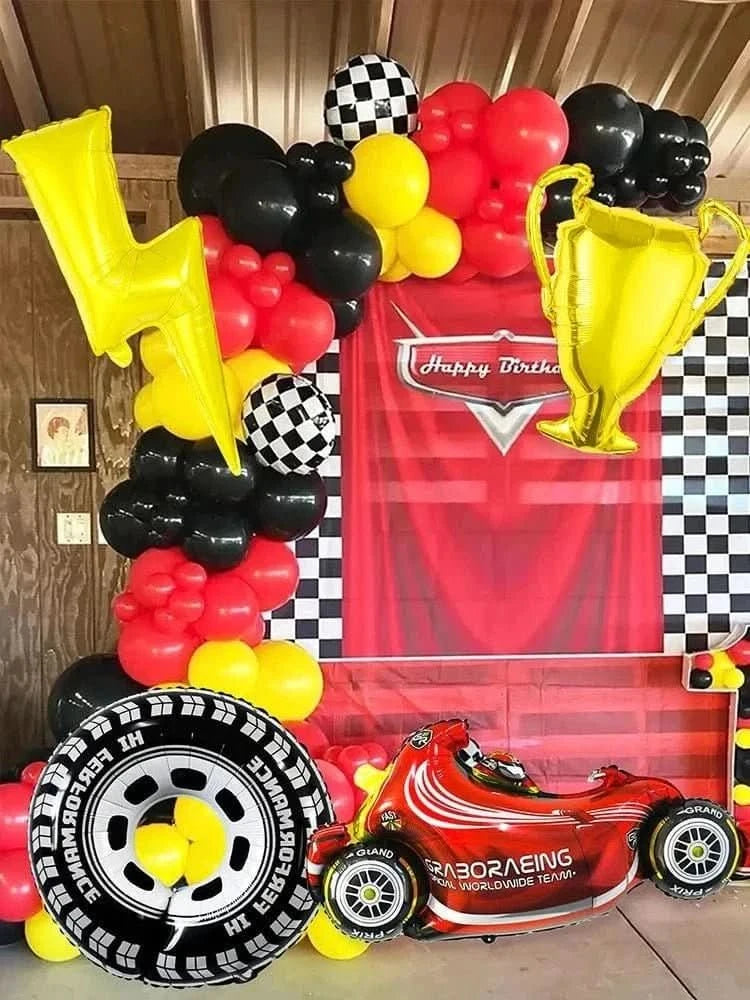 120Pcs Racing Theme Balloon Set – Lightning, Champion & Tire Party Decorations - Waydiy