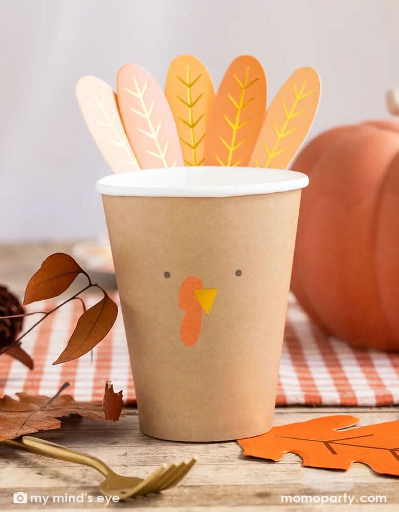 Thanksgiving Harvest Turkey Cups – 8 oz Paper Set of 8 with Feathers - Waydiy