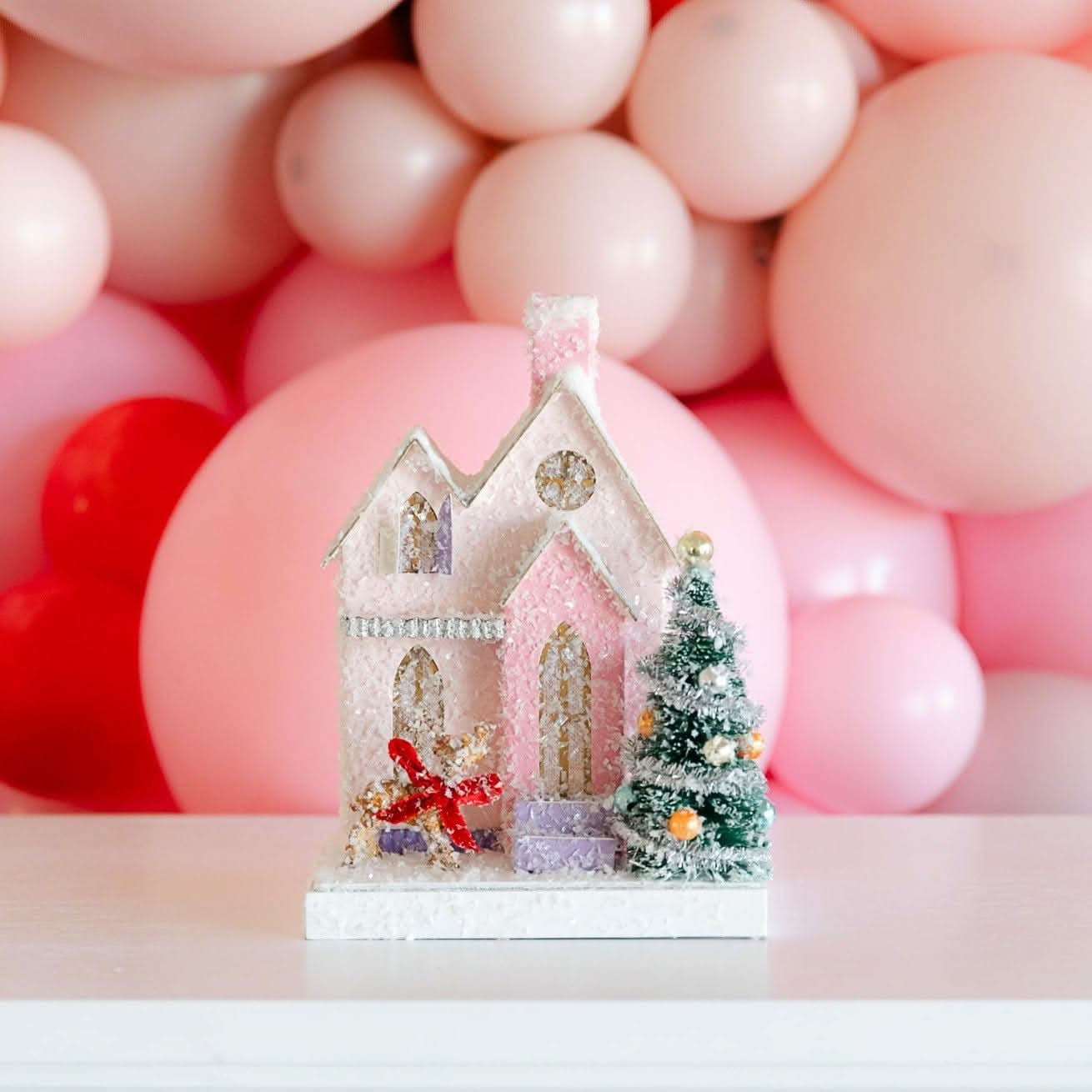 Petite Pink Cottage Christmas Decoration, 7.25 in - Waydiy