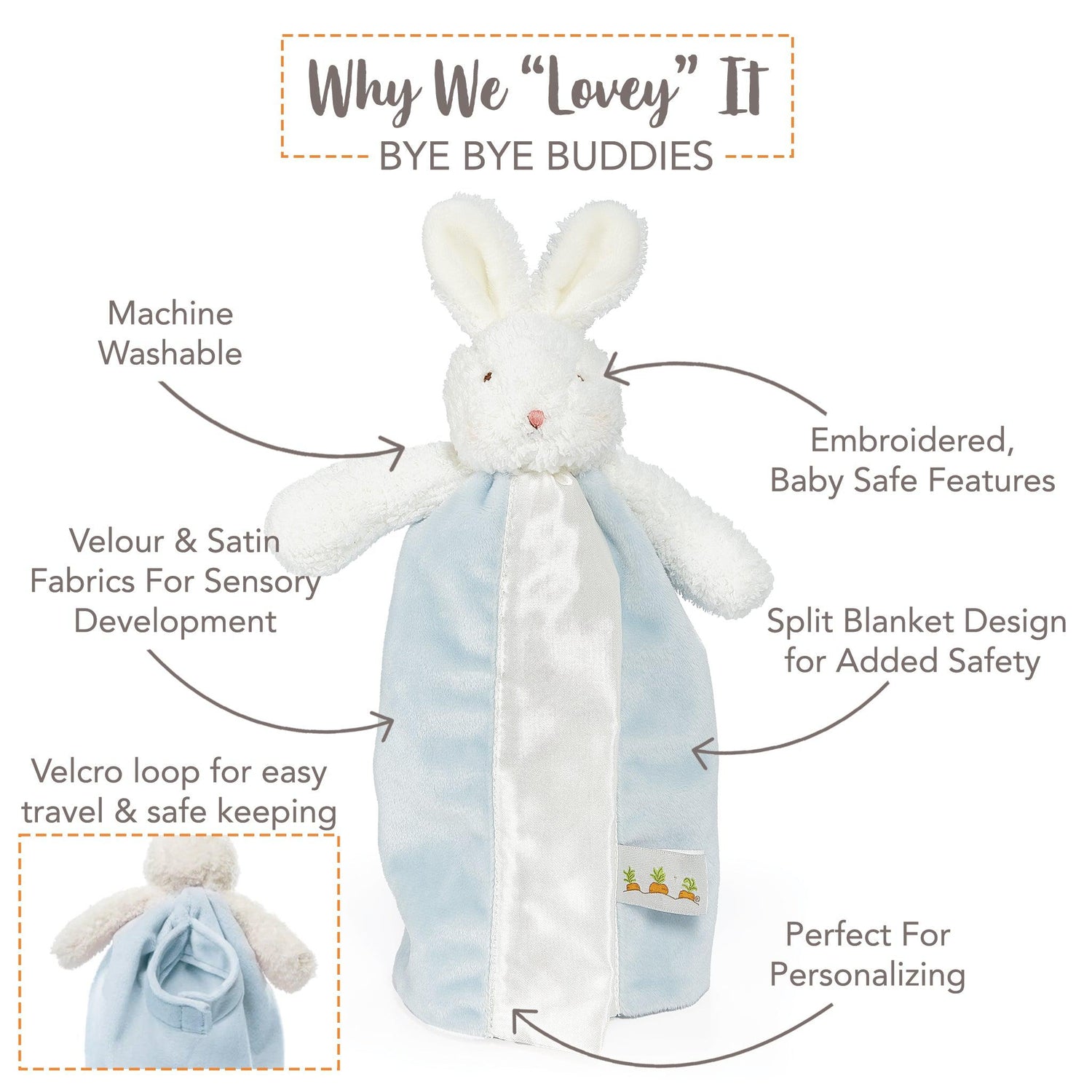 Bud Bunny Bye Bye BuddyPlush Bunny Buddy Blanket – 11 in Travel Lovey, Blue