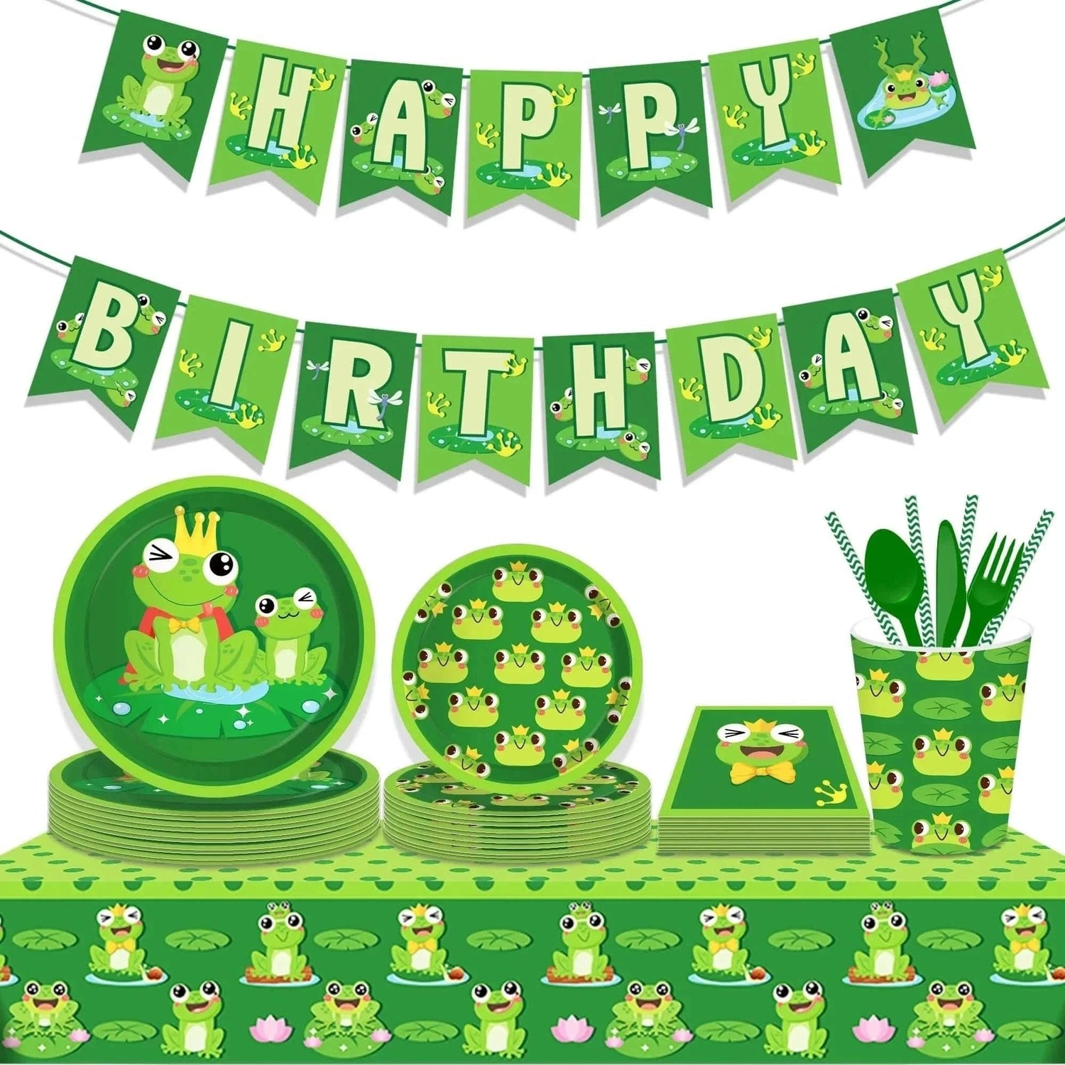 Cartoon Frog Party Tableware Set – Disposable Tablecloth & Decorations - Waydiy