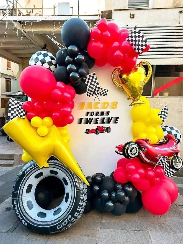 120Pcs Racing Theme Balloon Set – Lightning, Champion & Tire Party Decorations - Waydiy