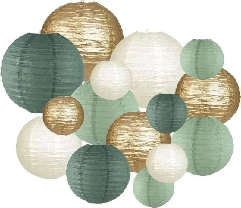 15Pcs Sage Green Paper Lantern Set – Round Hanging Party Decorations - Waydiy